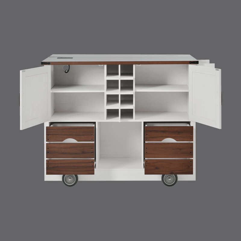 54" Farmhouse Kitchen Island With Drop Leaf, Power Outlet, 2 Drawers, 2 Cabinets, Rolling Kitchen Cart With Spice Rack, White
