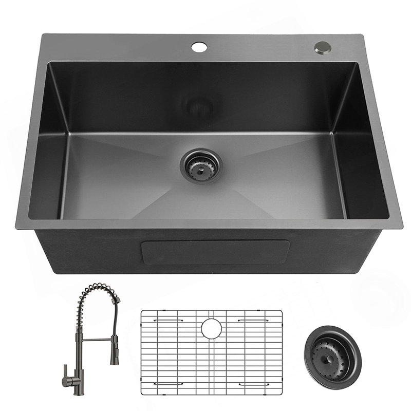Évier de cuisine 33 pouces en acier inoxydable de calibre 18 avec robinet à ressort noir pour une fonctionnalité durable et spacieuse.