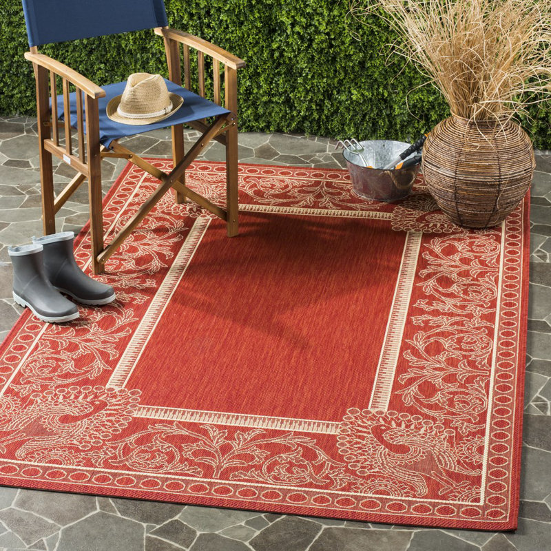 Tapis d'intérieur / extérieur à motif floral rouge / naturel Arneshia, Rectangle 5 pi 3 po x 7 pi 7 po