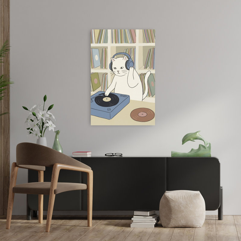 Chill Cat Dj Retro Cat Wall Art Print 1 Piece Wrapped Canvas Wall Art, 91.44cm H x 60.96cm W