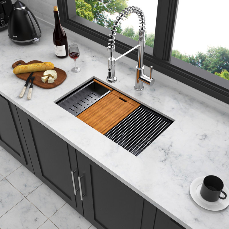 Évier de cuisine noir Gunmetal - station de travail à simple cuve encastrable 28 po x 18 po x 10 po