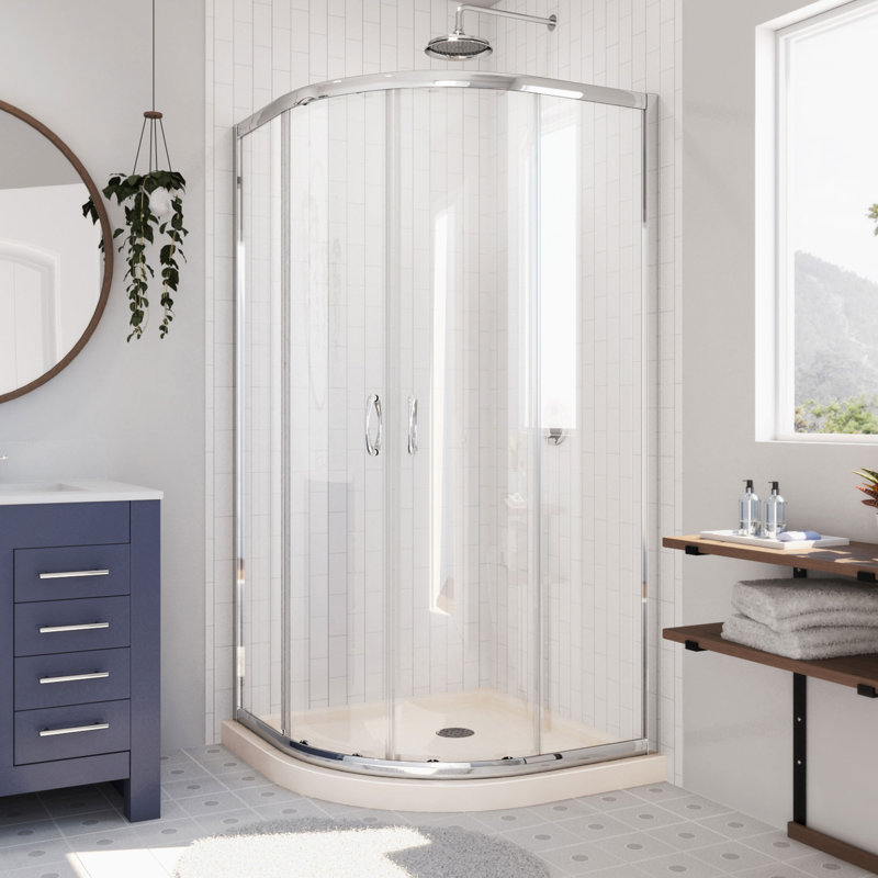 Prime 33" x 74.75" Semi-Frameless Quarter-Round Sliding Shower Enclosure with Base Included, Frosted Tempered, Biscuit