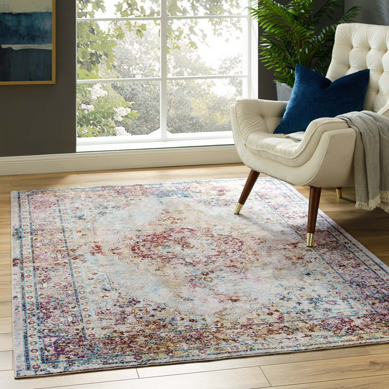 Tapis multicolore à motif floral persan rétro et délavé Succès Merritt, Rectangle 4 pi x 6 pi