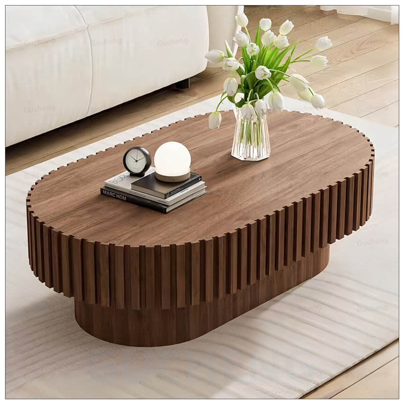 Table basse ovale, conception cannelée moderne Mid-Century avec piédestal, bois classique pour le salon et les petits espaces