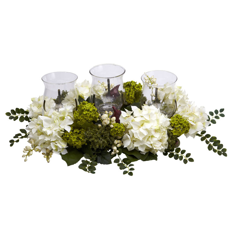 Triple candélabre à boule de neige et hortensia