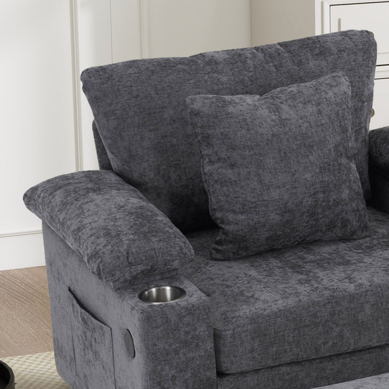 Fauteuil d'appoint surdimensionné en chenille avec repose-pieds, Chenille grise foncée