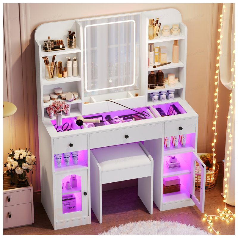 Bureau de meuble-lavabo avec miroir à DEL, armoires à lumière RVB et rangement pour un décor de chambre à coucher moderne