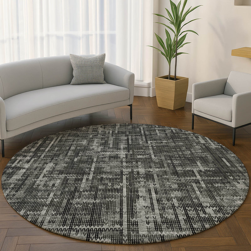 Premium Machine Washable Mayfield AMF2130 Striped Rug, Charcoal, 8' Round