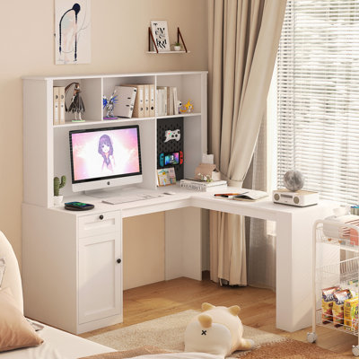 Bureau en L avec prise, bureau d'ordinateur avec tiroirs, bibliothèque et huche