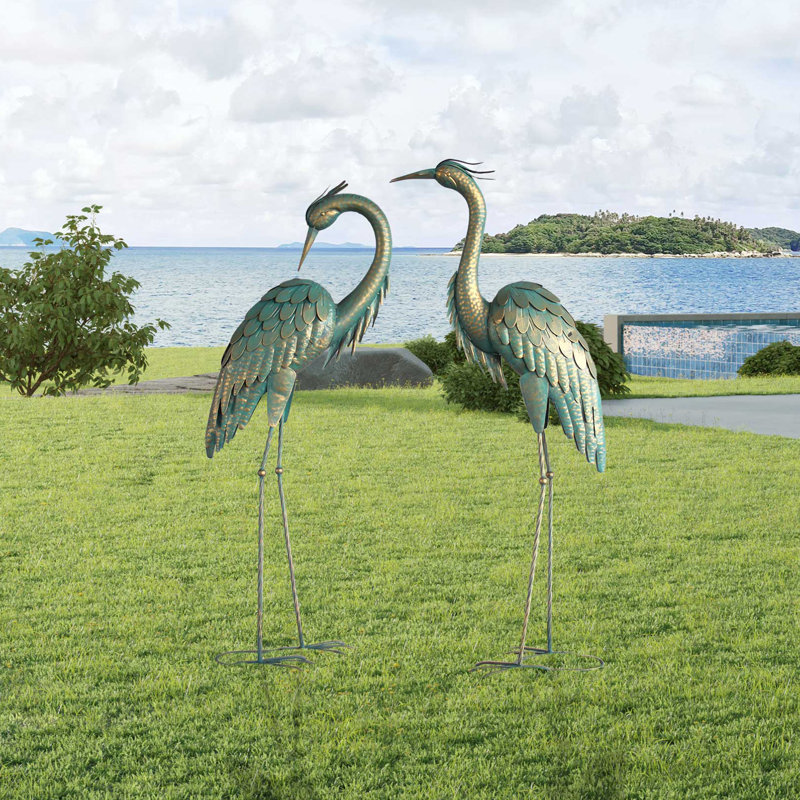 Golden and Blue Iron Crane Garden Statue Set, 40-inch