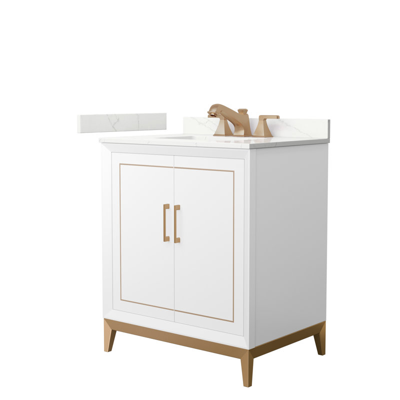 Ensemble de meuble-lavabo simple 30 po avec plateau Marlena, Quartz Giotto, Blanc, Bronze satiné