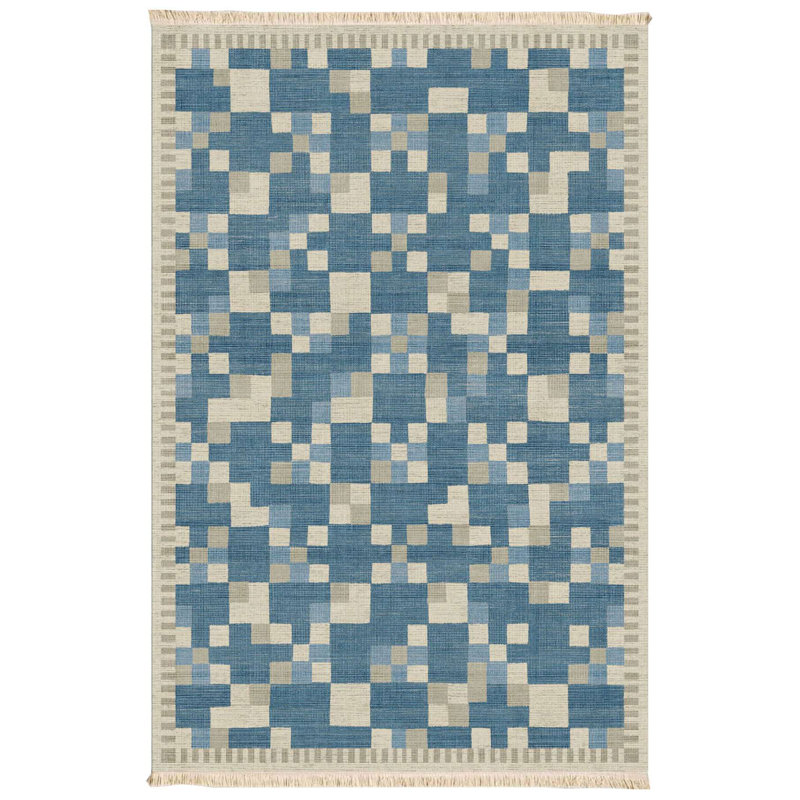 🟦 Blue Pixel Plaid Woven Area Rug