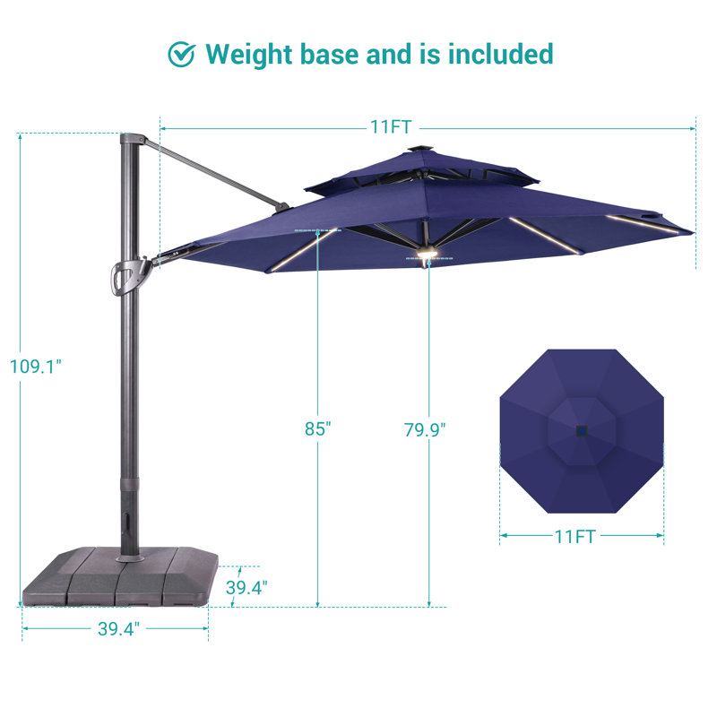 Parasol pour patio en porte-à-faux à DEL 11 pi, Marine