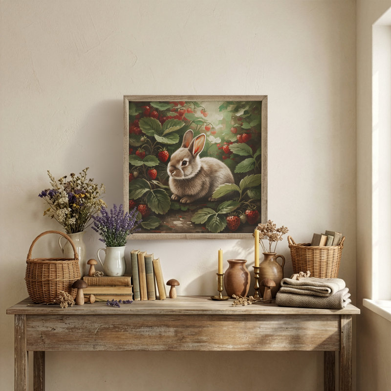 Lapin dans la parcelle de fraises, H 4 po x l 4 po