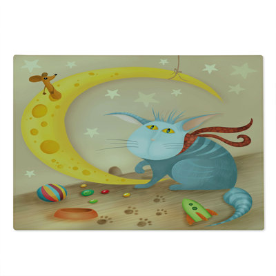 Ambesonne Funny Cutting Board Large Size Cat Mouse Crescent Moon Multicolor