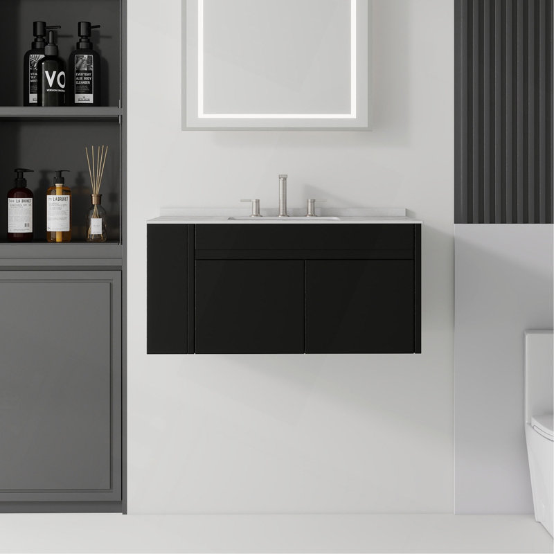 Meuble-lavabo suspendu de 91 cm (36 po) avec lavabo, porte à fermeture douce, comptoir et dosseret en marbre reconstitué granité de 5 cm (2 po), contreplaqué