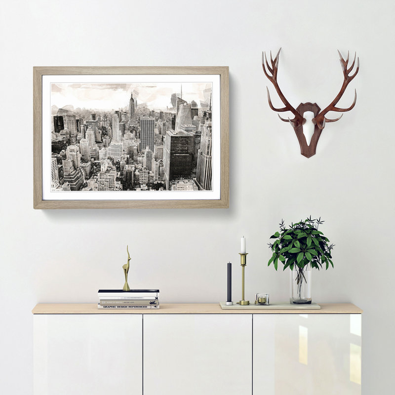 A New York Skyline in Abstract - Picture Frame Graphic Art Print, 27cm H x 36cm W x 2cm D, Oak Framed