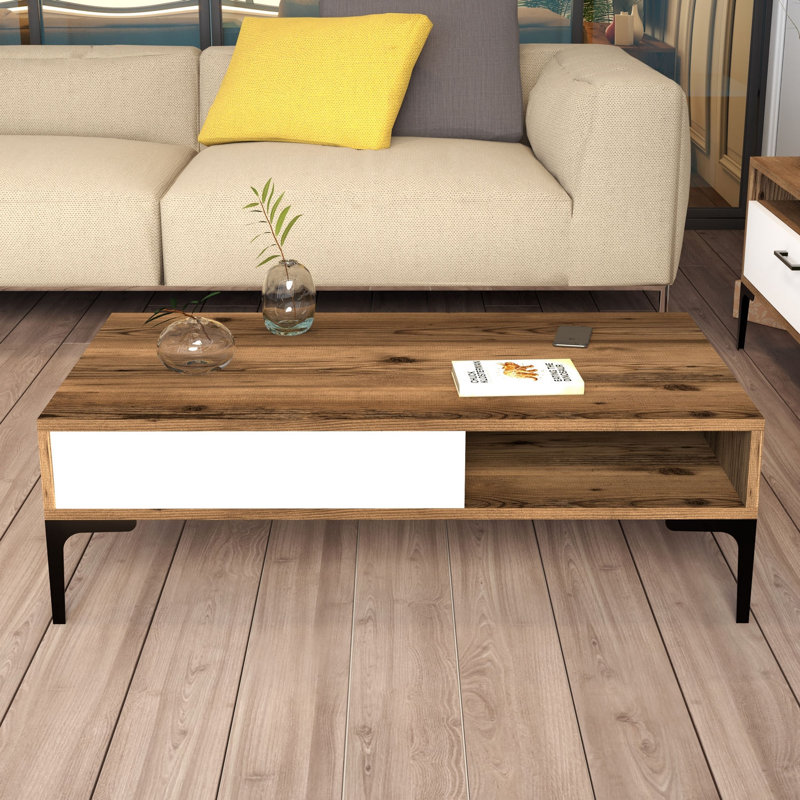 Modern Coffee Table with Metal Legs, Walnut & White Finish, 41.3 x 12.8 x 23.6 inches | 100% Melamine Coated Particle Board, Thickness: 0.7 inches | Industrial Design, Stylish & Durable for Living Room & Lounge Spaces