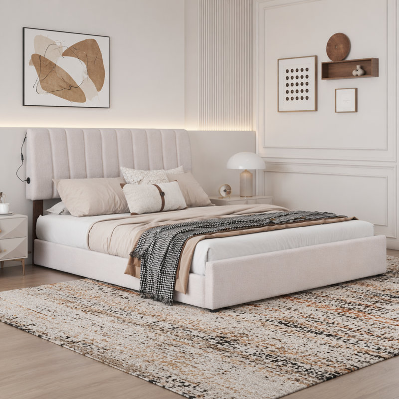 Lit plateforme tapissier grand avec lit gigogne simple Teddy, Grand lit, Beige