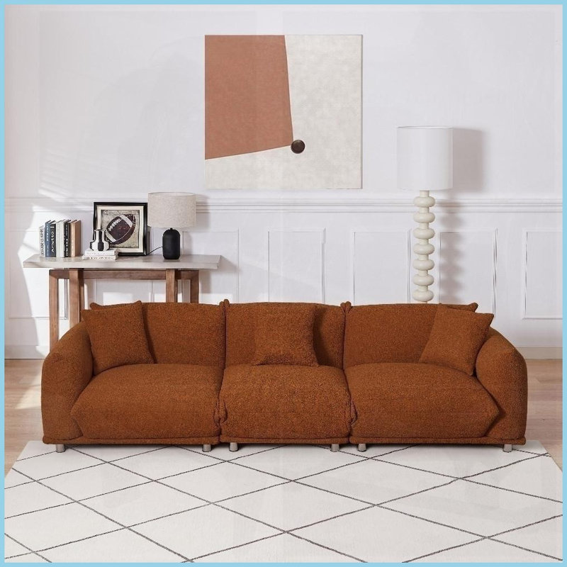 Canapé Sherpa en laine d'agneau Mid-Century 4 places - Structure en bois massif de 279 cm de large avec un design modulaire pour le salon