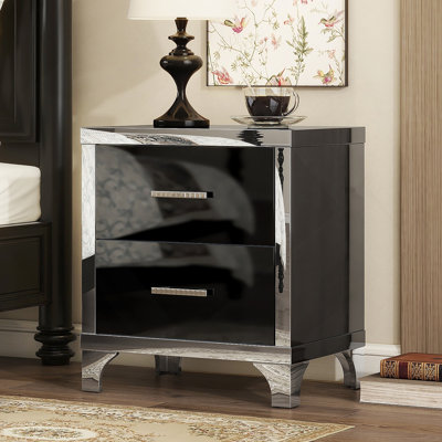 Table de chevet élégante avec poignée en métal et table de chevet miroir à 2 tiroirs