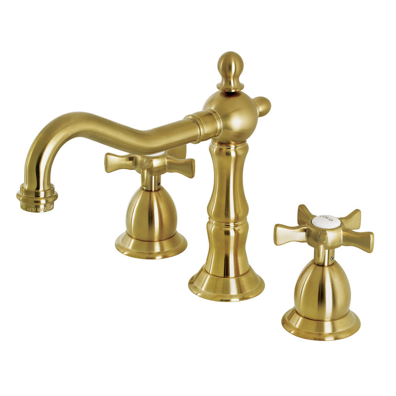 Kingston Brass Hamilton Two-Handle 3-Hole Deck Mount Widespread Bathroom Faucet with Brass Pop-Up Drain, Brushed Brass