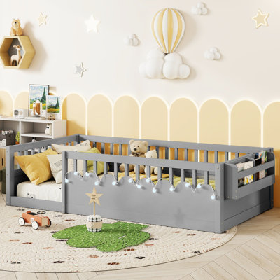 Twin Floor Bed With High Rails, Gray Led And Storage Shelf For A Comfortable Safe Play Area Bed, Lighting, Imaginative Reading Time