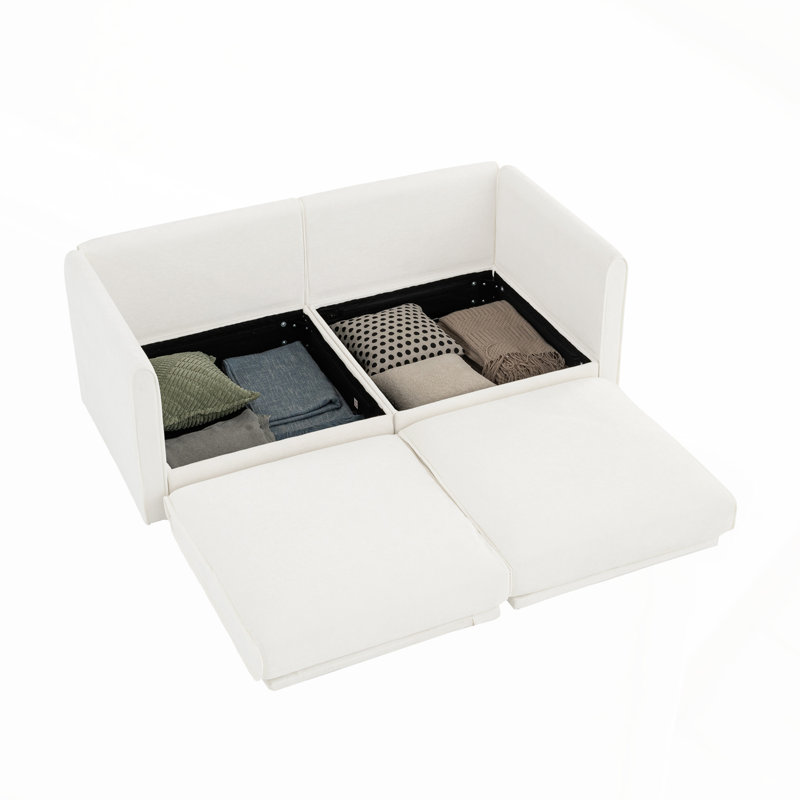 Stylish White Chenille 2-Seater Sofa with Storage, Cylindrical Backrest and Armrests, Modern Fabric Loveseat, White, 2