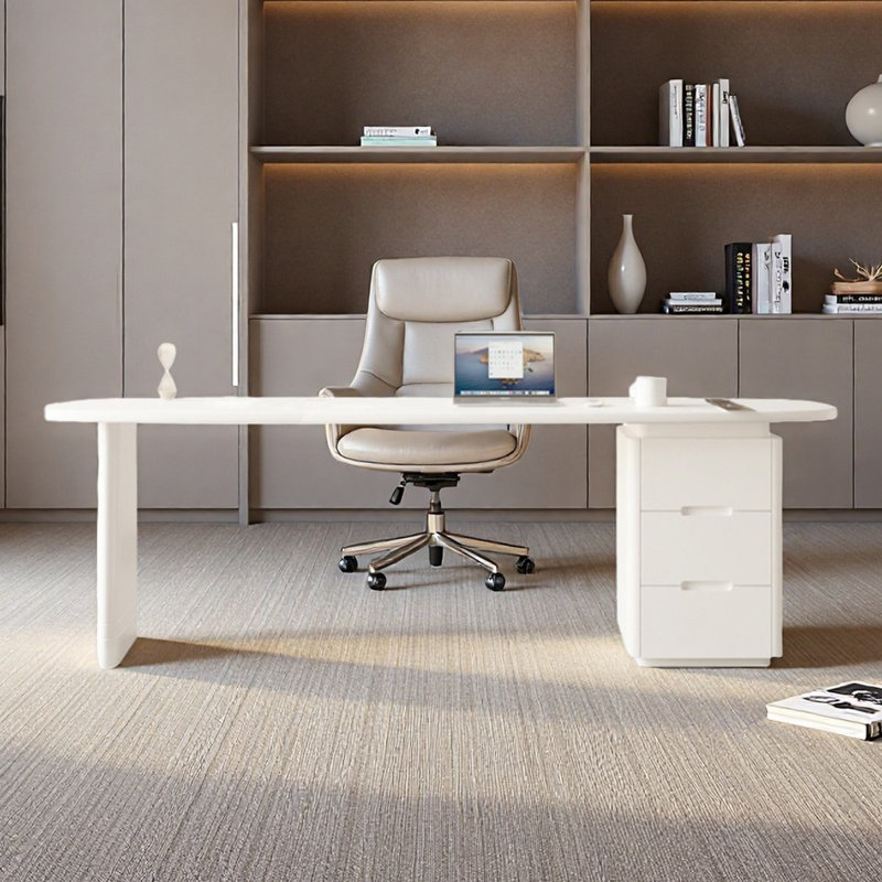 Bureau en bois massif avec une armoire de rangement crème pour la maison, H 29,53 po x l 78,74 po x P 27,56 po, Blanc