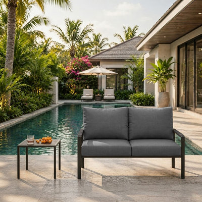 Metal 2 Pieces Patio Set, Outdoor Patio Furniture Set, Loveseat with Olefin Cushions, Side Table