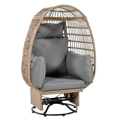 Egg Patio Chair With Cushions - Outdoor Swivel Rocker Silk Pillows Natural + Grey Porch, Balcony Cozy Seating Experience Garden, Porch