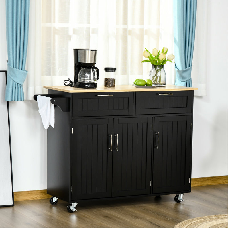 Îlot de cuisine avec rangement - noir. Chariots et tiroirs en bois. Surface de travail supplémentaire. Économisez de l'espace. Facilement déplaçable. Moderne. L 43,7 po x l 18,1 po Capacité de 110 lb. Assemblage requis