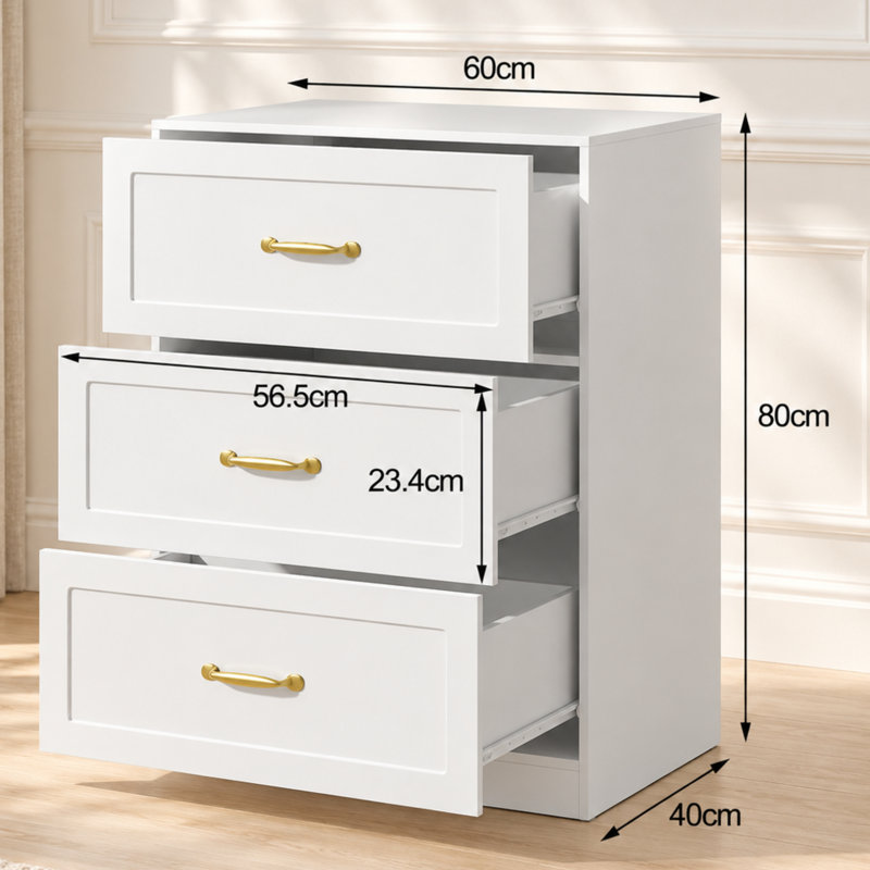 Abrielle White 3-Drawer Chest of Drawers with Gold-Tone Handles