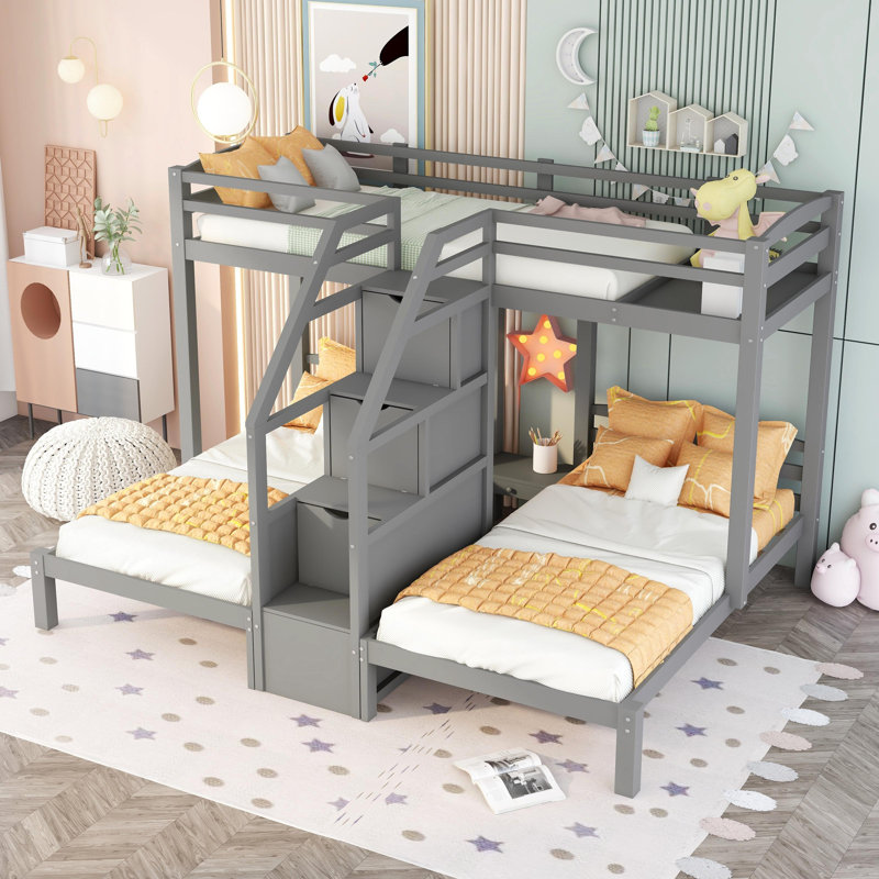  Twin over Twin Bunk Bed with Built-In Staircase and Storage Drawer, Space-Saving Loft Design, Gray