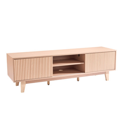 Meuble télé, meuble audio-vidéo Boho pour téléviseur de 59 po ou moins, capacité de charge de 350 lb, meuble télé avec tablettes de rangement réglables ouvertes et porte coulissante pour le salon, la chambre à coucher, Burlywood