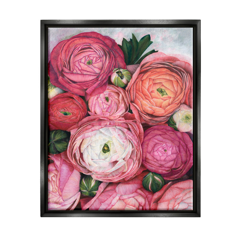 Pivoines romantiques rouges en herbe par Blursbyai - Peinture, Cadre flottant noir de jais, H 21 po x l 17 po x P 1,7 po