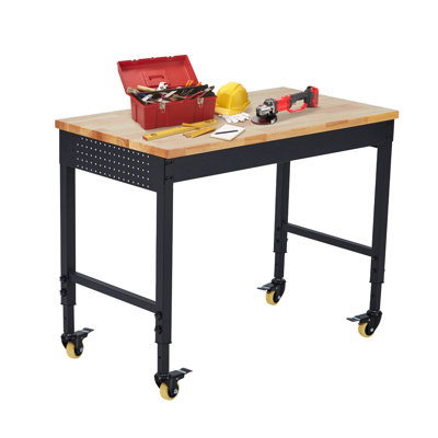 Établi réglable robuste 48 po x 24 po, capacité de 27,8 à 39,5 po, capacité de 2 000 lb, banc de travail roulant avec prises de courant, table de travail en bois d'hévéa pour le bureau à domicile