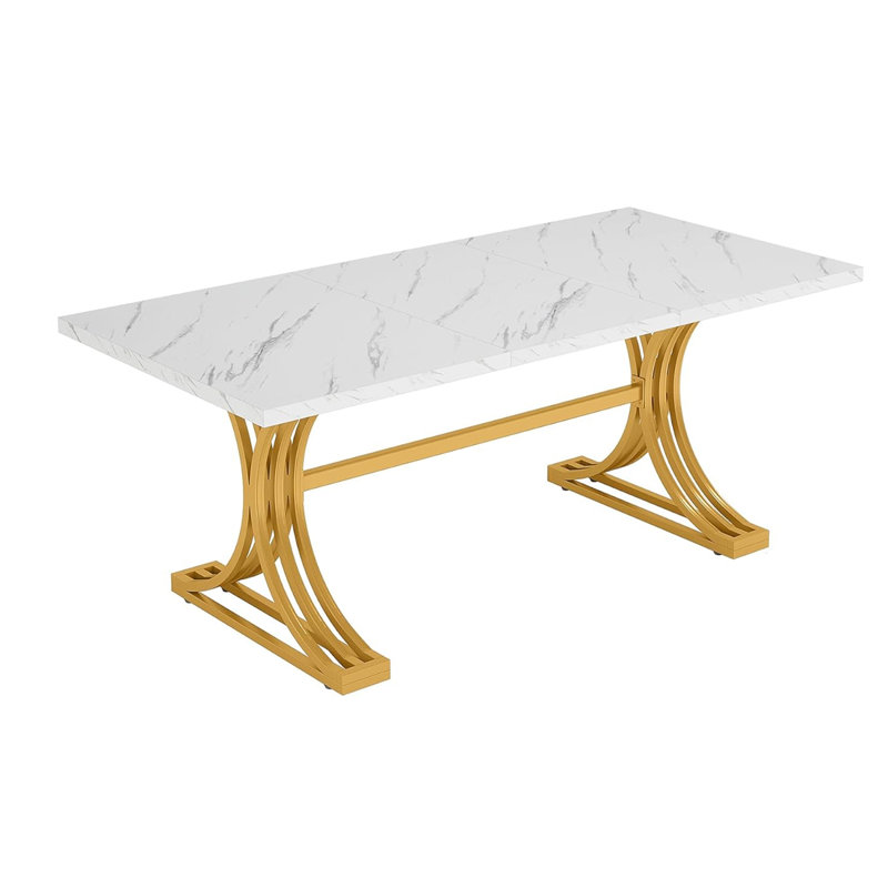 Dining Table, Rectangular, Metal Base, 63 Inch, White Marble, Gold