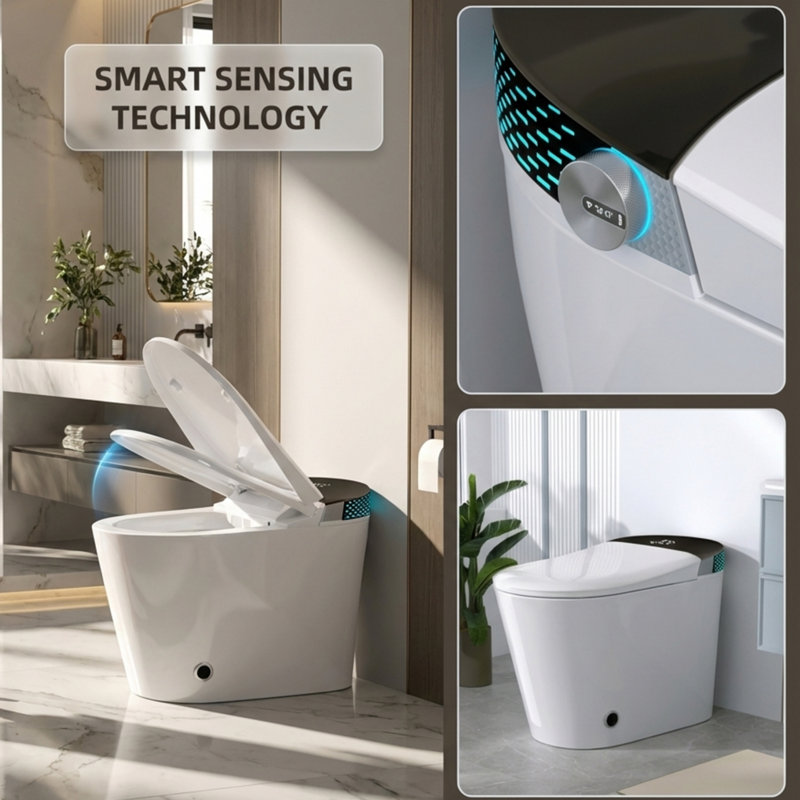 Toilette intelligente une pièce sans réservoir avec bidet intégré avec capteur de coup de pied de pied, couvercle à ouverture / fermeture automatique, séchoir à air chaud, veilleuse, chasse d'eau en cas de panne de courant, noir
