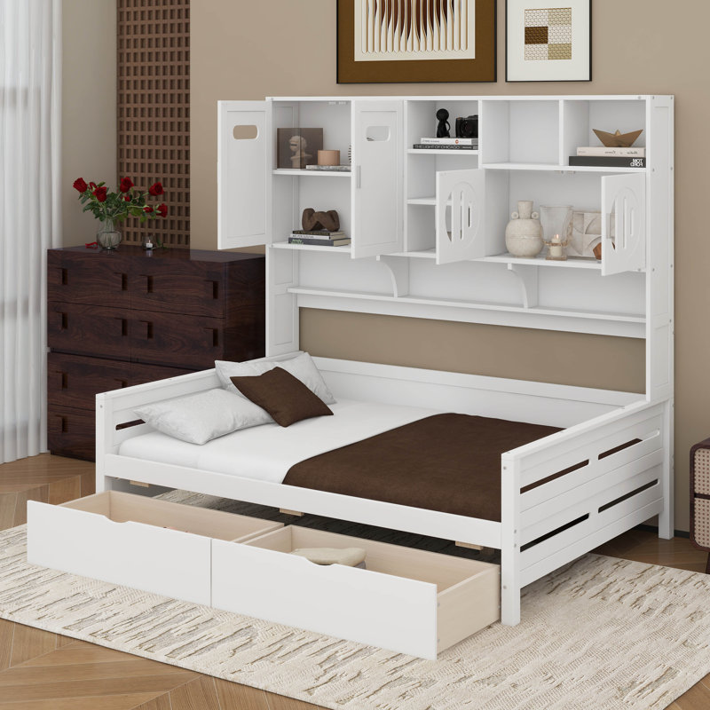Full Size Wooden Daybed With Drawers, White