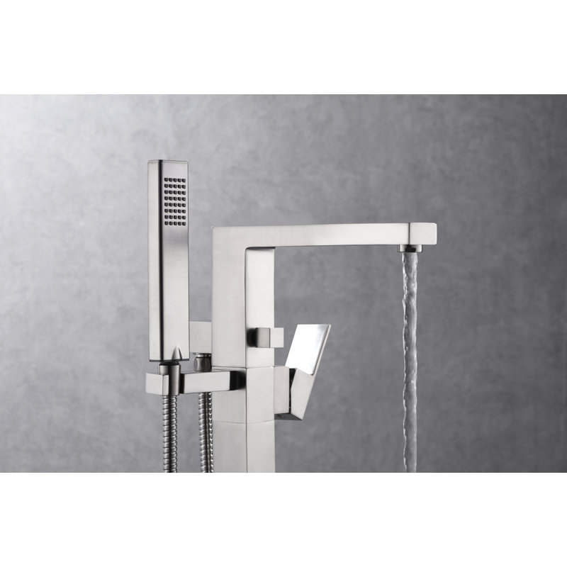 Rift Collection Single Handle Floor Mounted Roman Tub Filler Faucet with Hand Shower - Brushed Nickel, Brushed Nickel