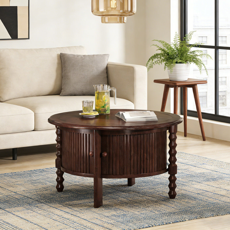 Table basse ronde avec rangement et porte coulissante, Noyer, Noyer