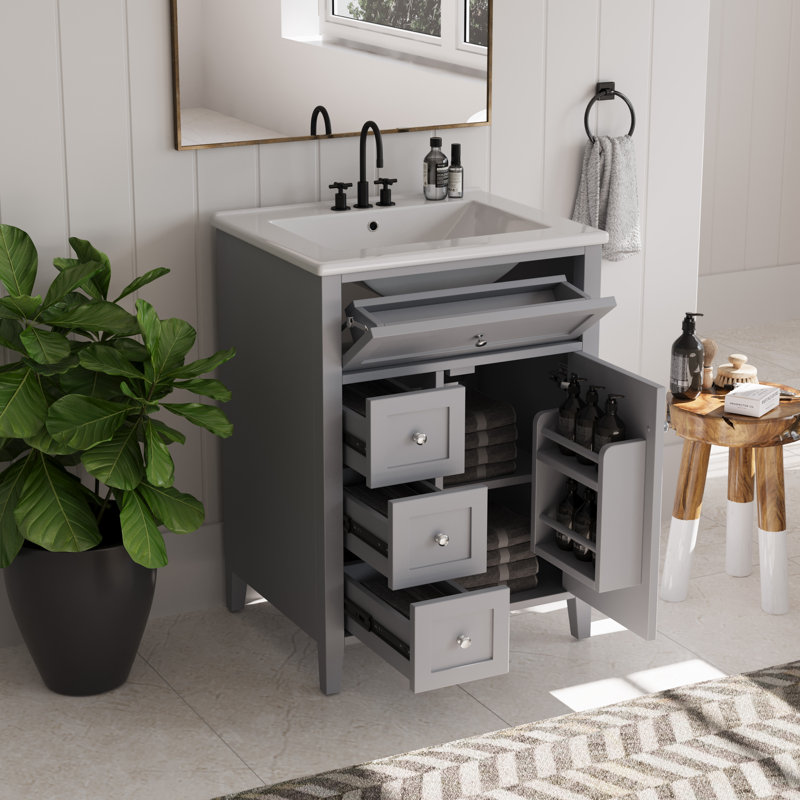 Meuble-lavabo de salle de bain avec lavabo, meuble-lavabo avec tiroir rabattable, 3 tiroirs, porte à fermeture en douceur