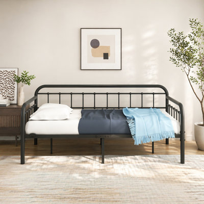 Structure de lit de jour en métal pour lit simple pour chambre à coucher, lit plateforme à lattes en acier robuste avec rangement sous le lit, sans sommier tapissier, noir