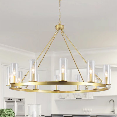 12 - Light Dimmable Wagon Wheel Chandelier With Clear Lampshade
