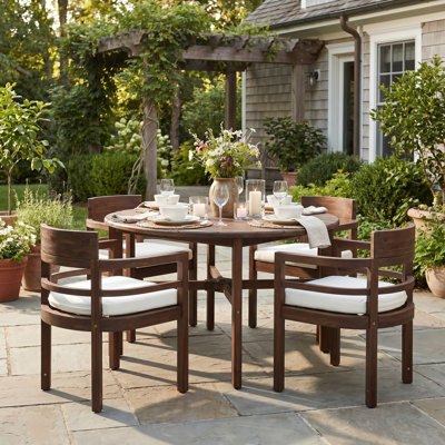 5-Piece Outdoor Acacia Wood Dining Set, Round Patio Dining Table Set with Umbrella Hole, Patio Furniture Set for Backyard, Deck, Poolside