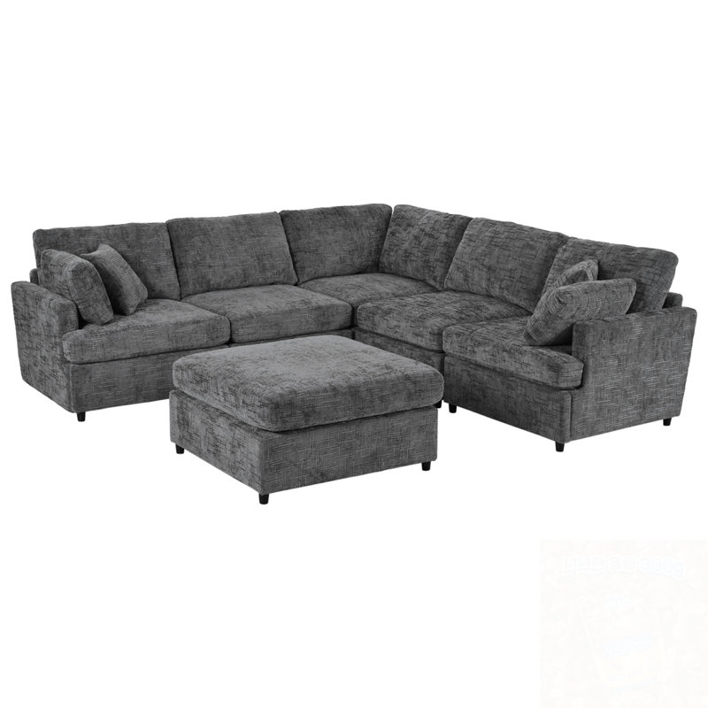 U-Shaped Sectional Sofa With Movable Ottoman, Gray Chenille