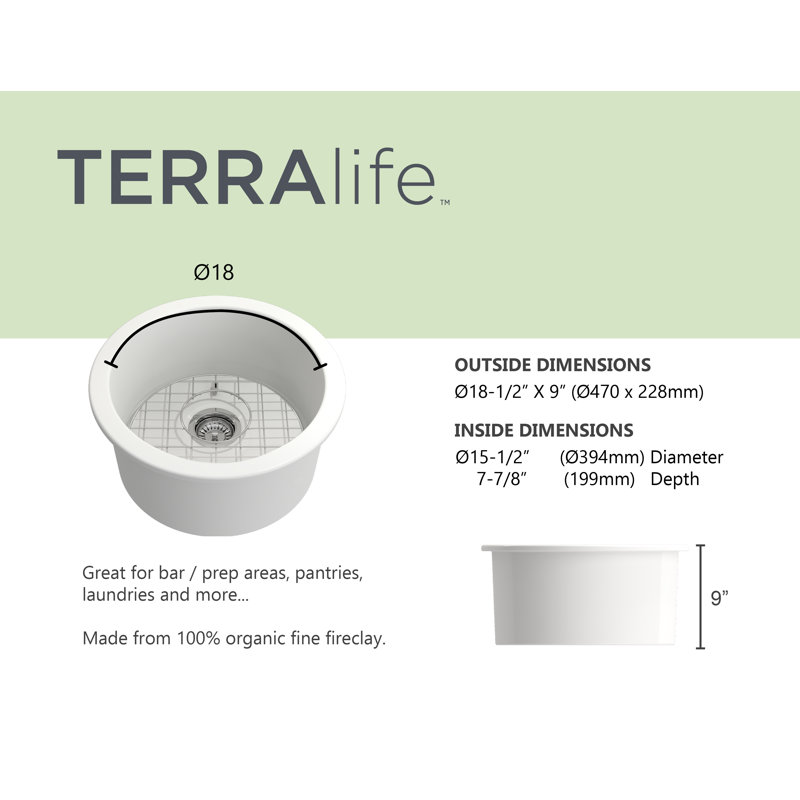 Terralife Puget Dual-Mount Fireclay 18 In. Round Single Bowl Bar Sink In White