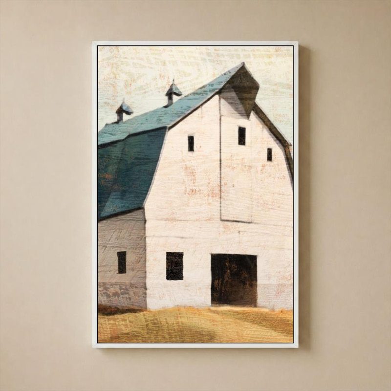 «Big Barn Blue» par Susan Arnot - Impression sur toile, H 36 po x l 24 po, Cadre plat flottant, Blanc