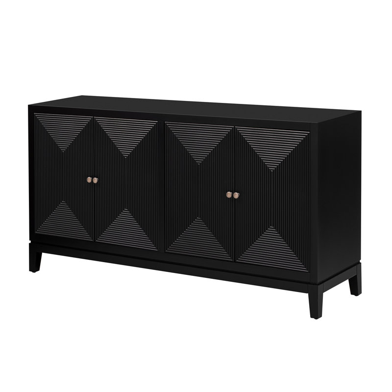 Black Sideboard With Functional Storage And Modern Style Vertical Striped Decoration Ample Space, Black